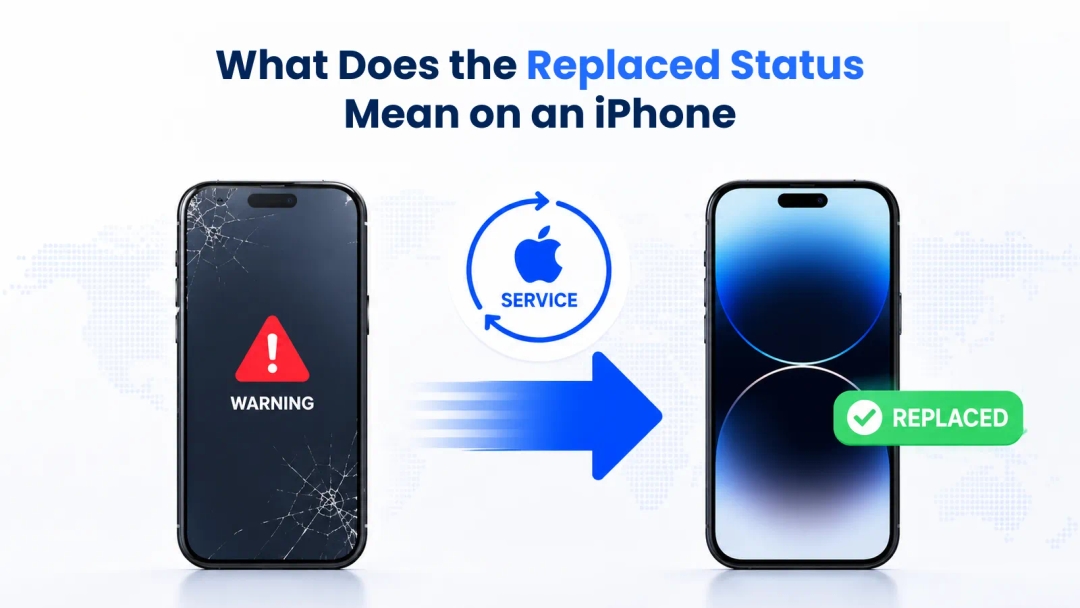 A broken iPhone transitioning into a new replacement unit with an Apple service icon and a green rep
