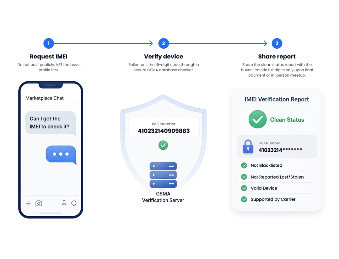 Flowchart showing the secure workflow for verifying and sharing an IMEI
