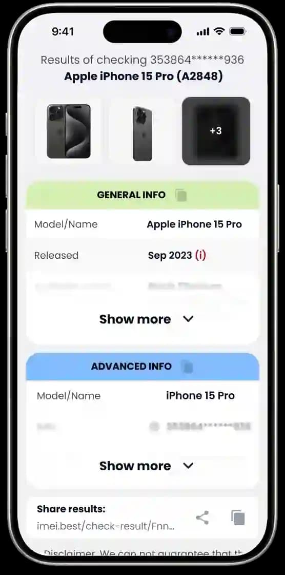 Sample IMEI report displaying device model, status, and specifications