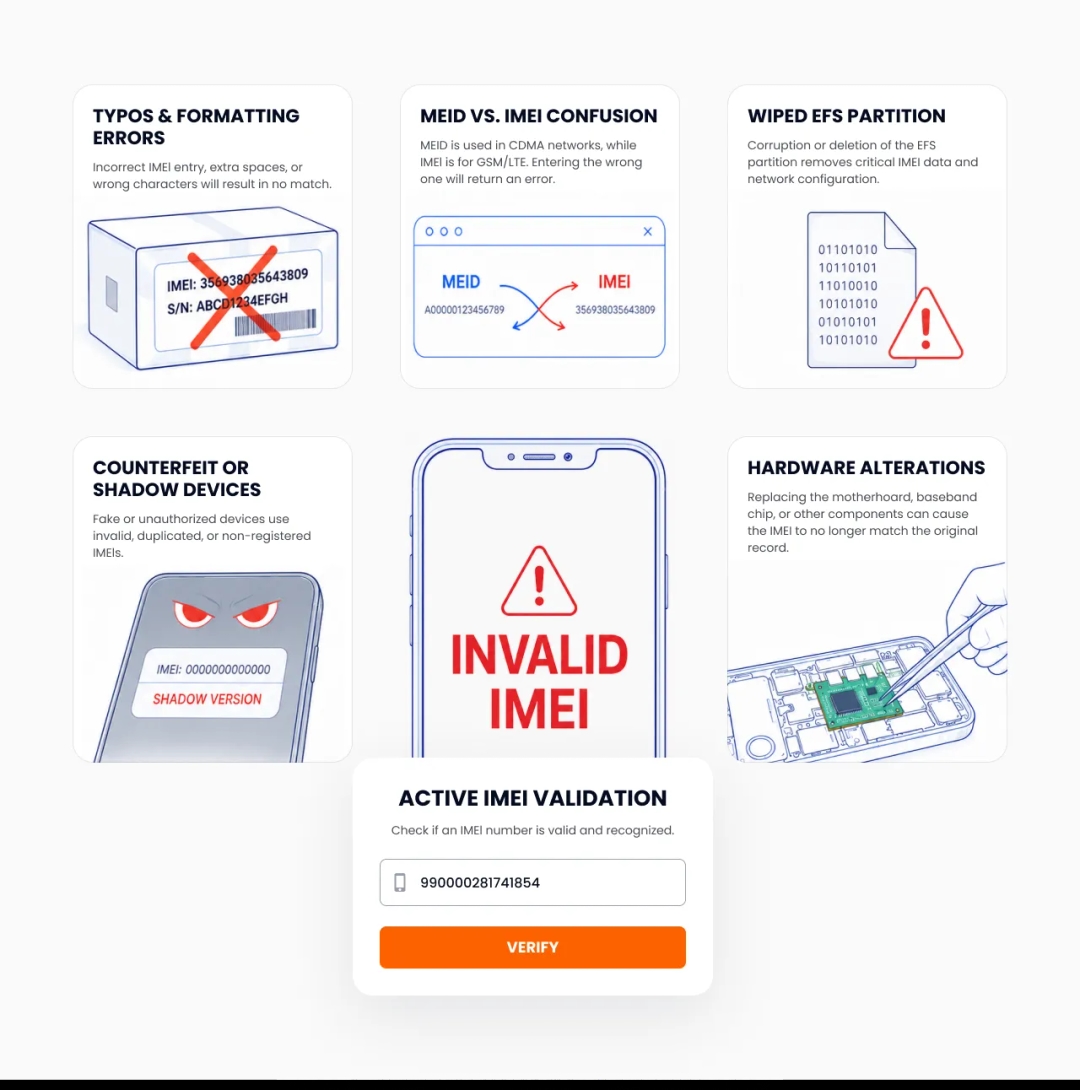Infographic showing 5 reasons why is my IMEI not valid and an active validation tool.