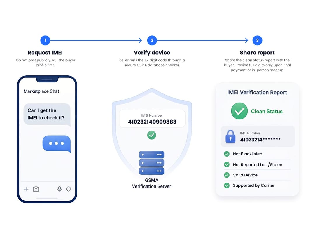 Flowchart showing the secure workflow for verifying and sharing an IMEI