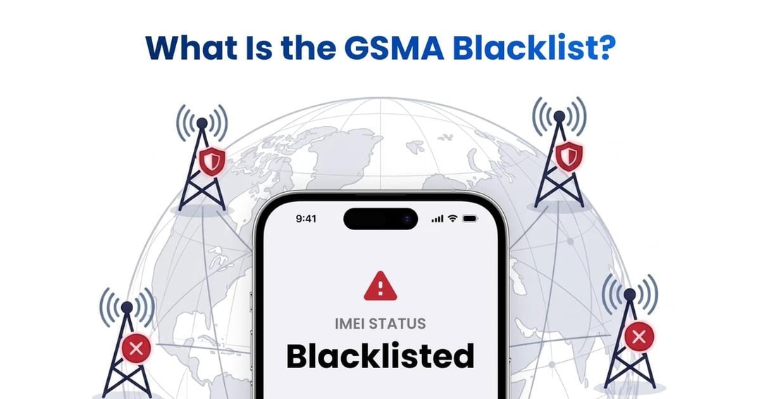 Illustration of a blacklisted smartphone representing the GSMA central database and carrier network blocks.