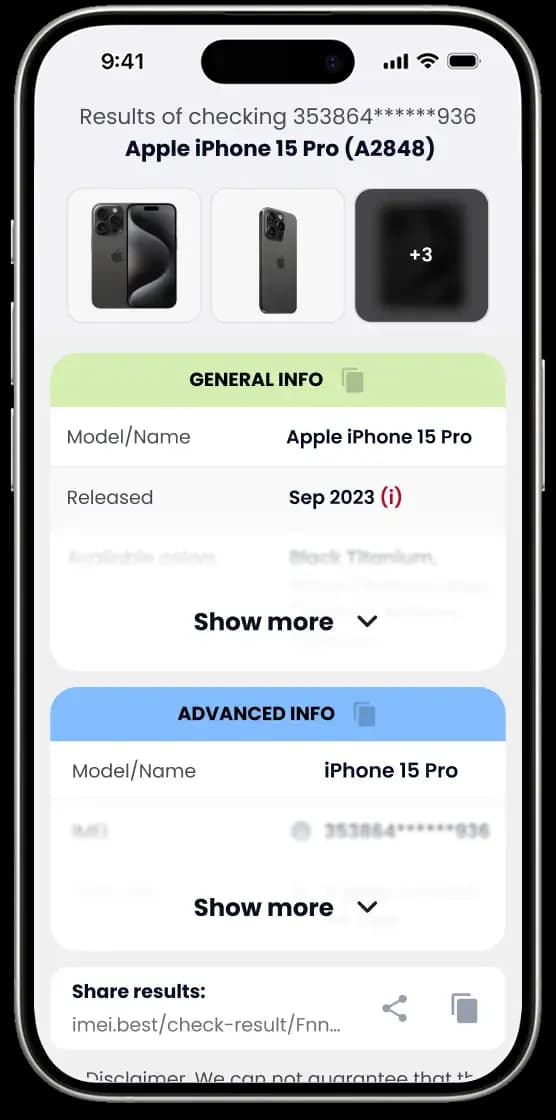 Sample IMEI report displaying device model, status, and specifications