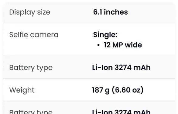 Example of IMEI check results page interface with device specifications